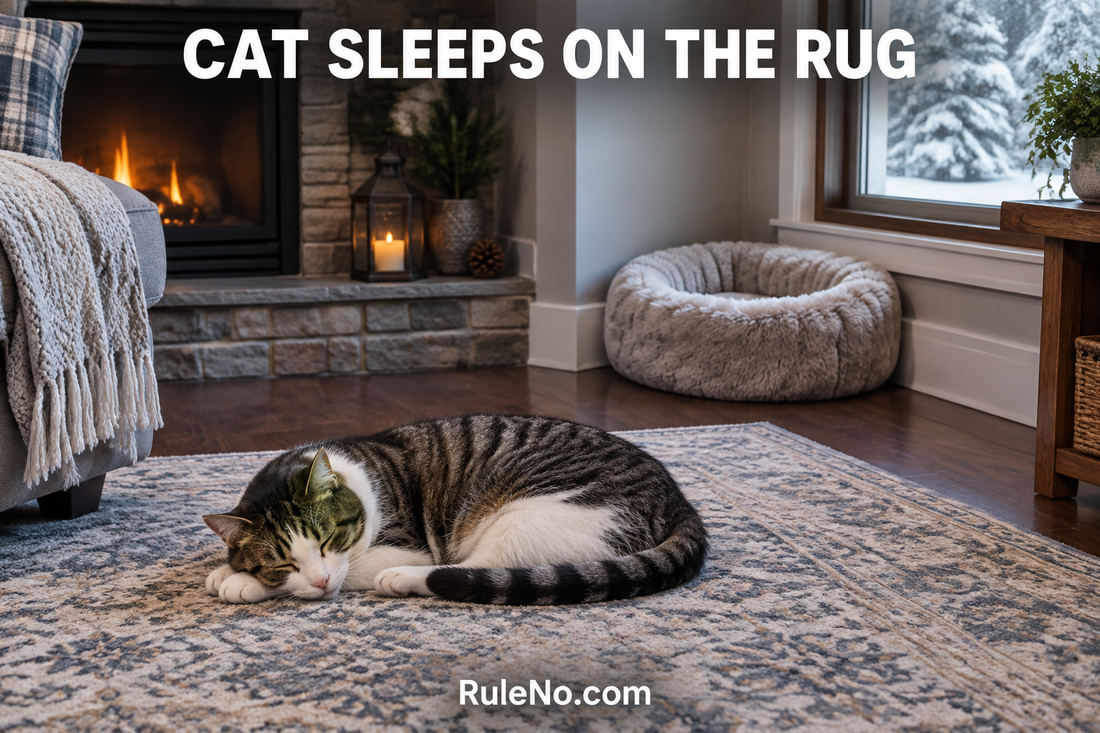 Cat asleep on an area rug near round faux fur bed; featured image text reads Cat Sleeps on the Rug and RuleNo.com