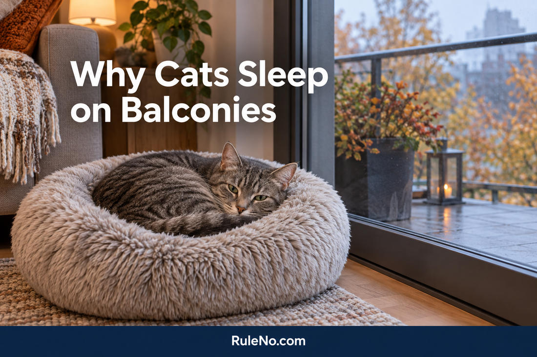 Why cats sleep on balconies: a tabby curled in a round faux fur bed beside a secure balcony door