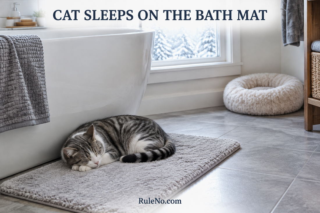 Cat sleeping on a dry bath mat beside a separate round faux fur bed with RuleNo.com branding