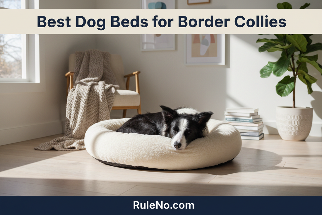 An athletic Border Collie with a black and white coat curled up in a plush cream round donut pet bed in a cozy winter living room, with the article title Best Dog Beds for Border Collies and a RuleNo.com banner