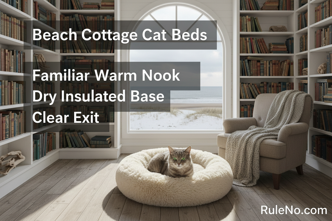 Beach Cottage Cat Beds with Familiar Warm Nook, Dry Insulated Base, Clear Exit and RuleNo.com