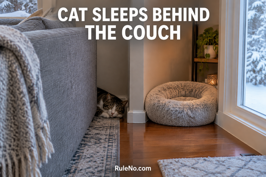 Cat resting behind a couch with a separate round faux fur pet bed in a safe nook