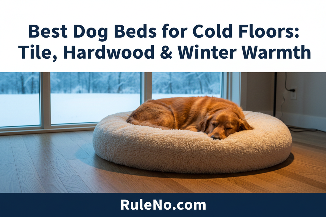Dog resting on a thick warm pet bed on a cold wooden floor, with the title Best Dog Beds for Cold Floors at the top and RuleNo.com at the bottom