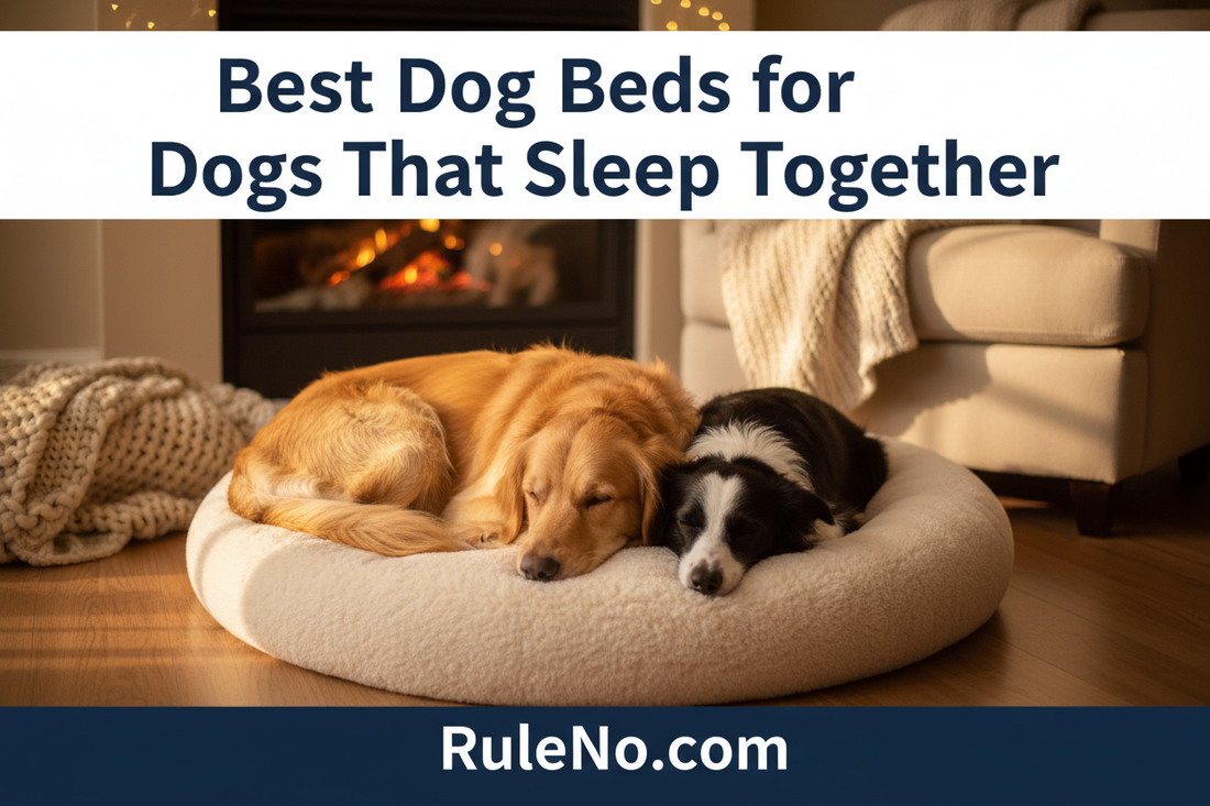 Two dogs curled up together in one large warm round pet bed, with the title Best Dog Beds for Dogs That Sleep Together at the top and RuleNo.com at the bottom