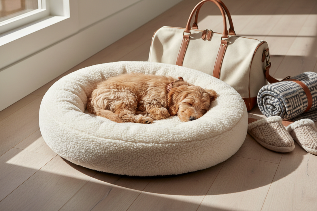 Portable dog bed prepared for cold-weather camping