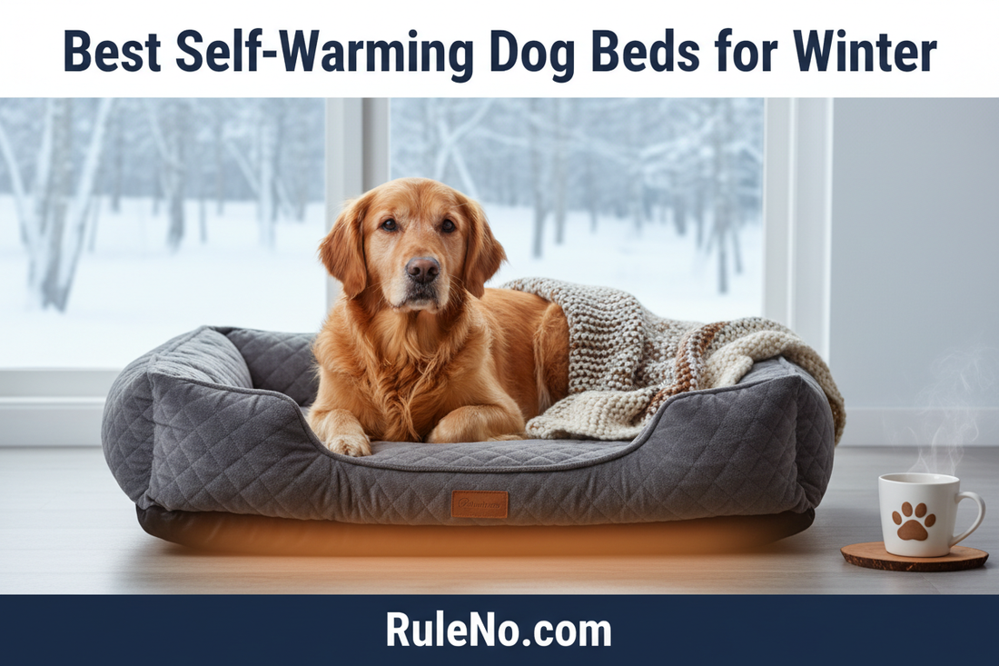 Dog lying on a plush self-warming pet bed, with the title Best Self-Warming Dog Beds for Winter at the top and RuleNo.com at the bottom