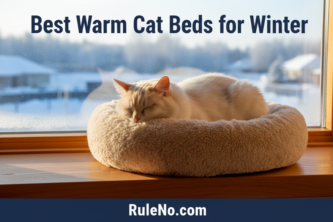 Fluffy cat curled asleep in a soft warm round cat bed on a windowsill, with the title Best Warm Cat Beds for Winter at the top and RuleNo.com at the bottom
