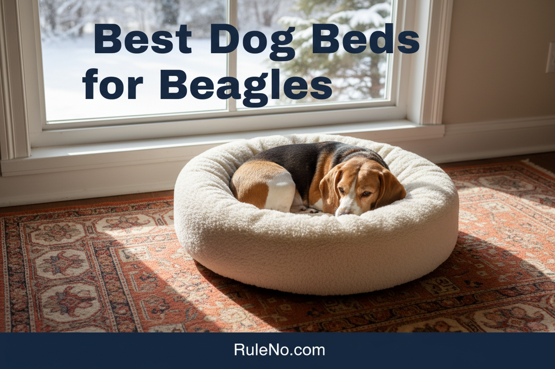 A tricolor beagle curled in a plush round donut dog bed, with the title Best Dog Beds for Beagles at the top and RuleNo.com at the bottom