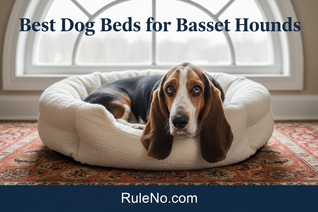 A tricolor basset hound with long droopy ears curled in a plush round donut dog bed, with the title Best Dog Beds for Basset Hounds at the top and RuleNo.com at the bottom
