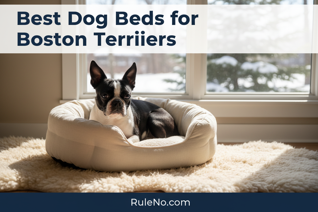 A boston terrier with tuxedo markings sitting in a plush round donut dog bed, with the title Best Dog Beds for Boston Terriers at the top and RuleNo.com at the bottom