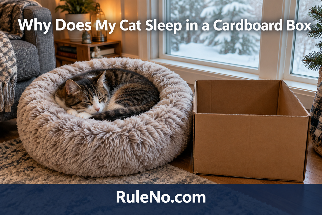 Why Does My Cat Sleep in a Cardboard Box featured banner with a round faux fur bed