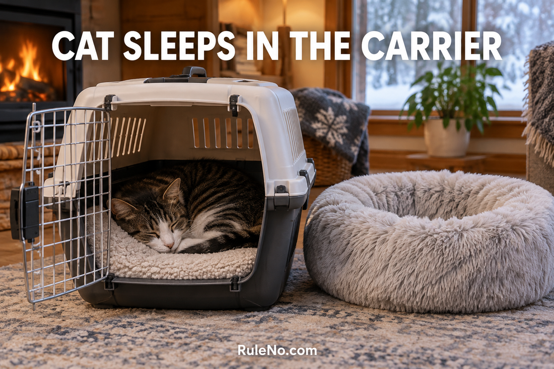 Cat sleeping in an open carrier beside a round faux fur pet bed with RuleNo.com branding