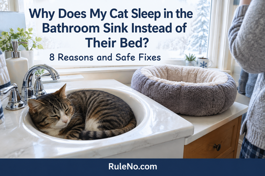 Cat curled in a bathroom sink beside an unused plush round cat bed