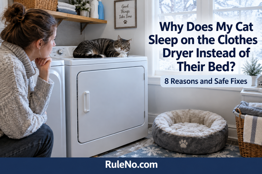 Cat resting on top of a clothes dryer beside an unused plush round pet bed
