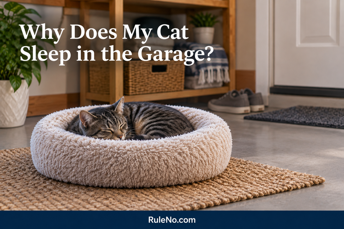 Tabby cat in a round faux-fur bed by a garage entry, with the title Why Does My Cat Sleep in the Garage? and RuleNo.com footer
