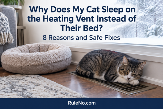 Cat sleeping on a floor heating vent beside an unused plush round bed