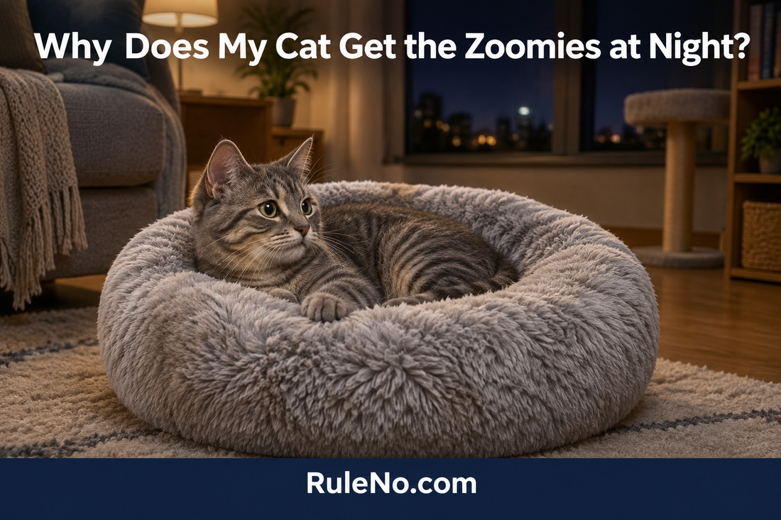 Gray tabby watching after a playful burst beside a round faux-fur bed beneath the title Why Does My Cat Get the Zoomies at Night? with RuleNo.com branding