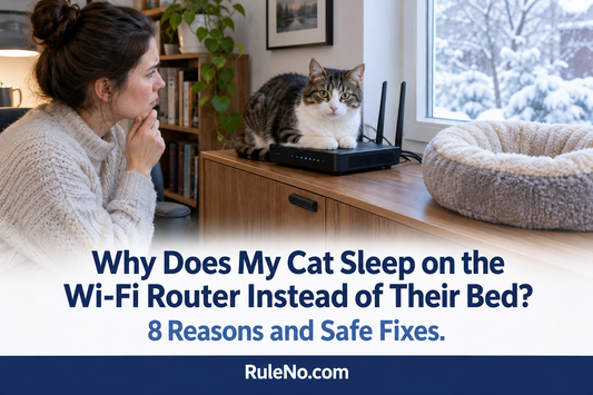 Cat beside a Wi-Fi router with a plush round cat bed nearby