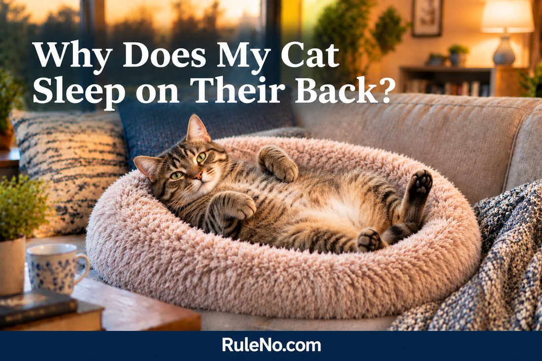 Relaxed tabby lies belly-up in a round faux fur bed beneath the headline Why Does My Cat Sleep on Their Back? and a RuleNo.com footer