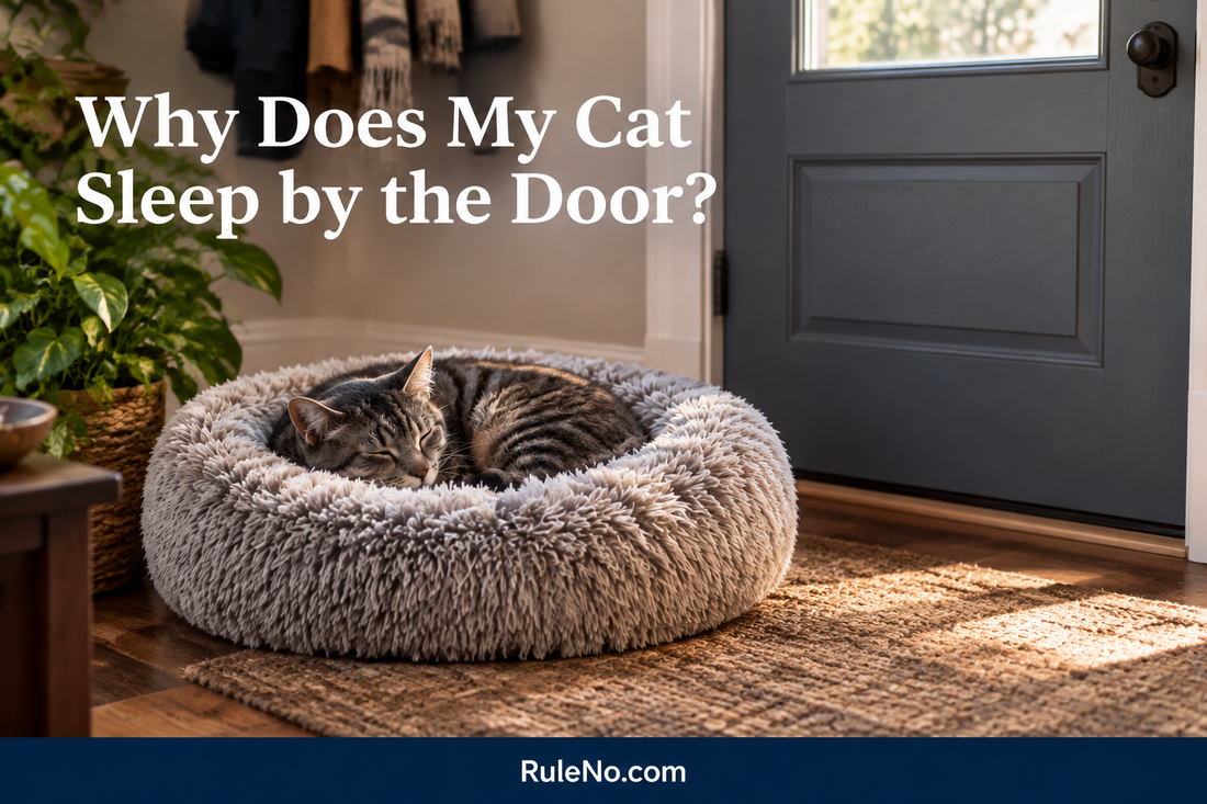 Tabby cat in a round faux-fur bed by a closed door, with the title Why Does My Cat Sleep by the Door? and RuleNo.com footer