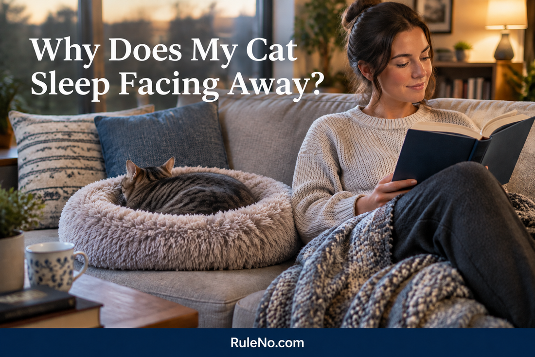 Cat curled in a round faux fur bed beside its person, facing away, with the title Why Does My Cat Sleep Facing Away? and RuleNo.com footer