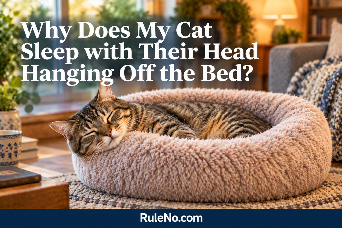 Relaxed tabby resting with its head gently over the raised rim of a round faux fur bed, beneath the title Why Does My Cat Sleep with Their Head Hanging Off the Bed? and a RuleNo.com footer