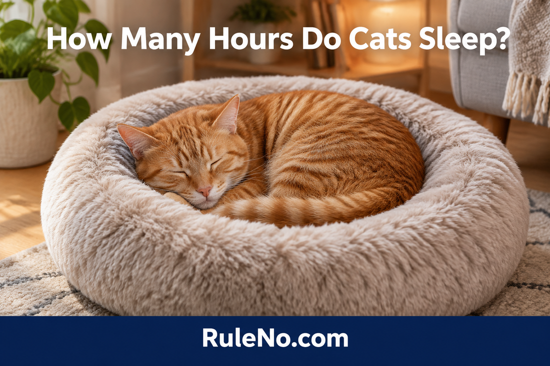 Ginger tabby curled asleep in a round faux-fur bed beneath the title How Many Hours Do Cats Sleep? with RuleNo.com branding