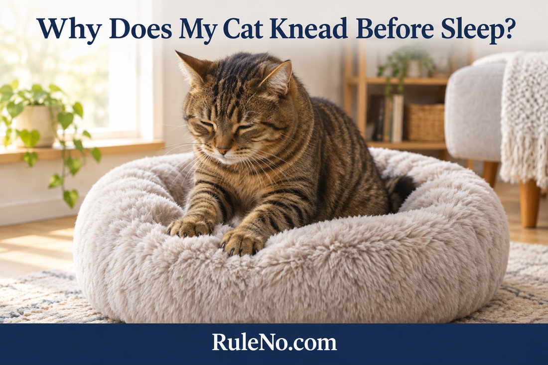 Tabby kneading a round faux-fur bed beneath the title Why Does My Cat Knead Before Sleep? with RuleNo.com branding
