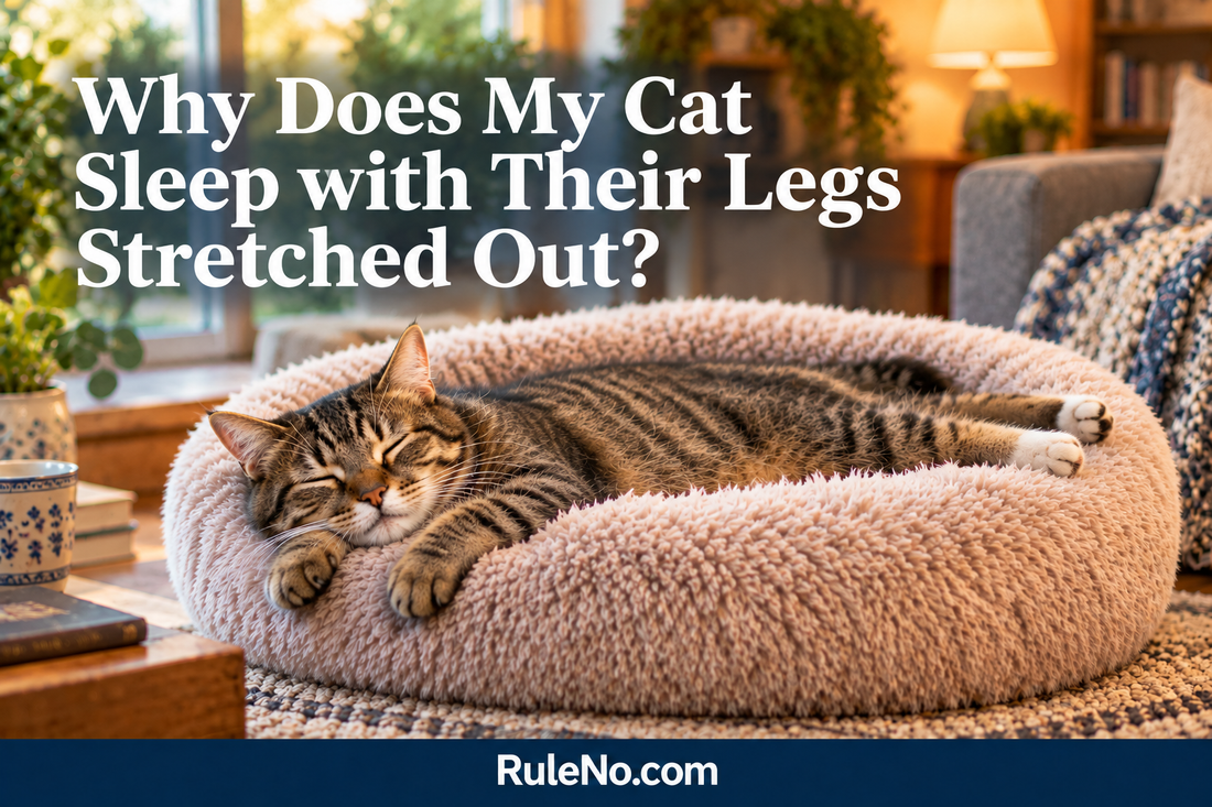 Relaxed tabby asleep belly-down in a round faux fur bed with its hind legs stretched behind, beneath the title Why Does My Cat Sleep with Their Legs Stretched Out? and RuleNo.com footer