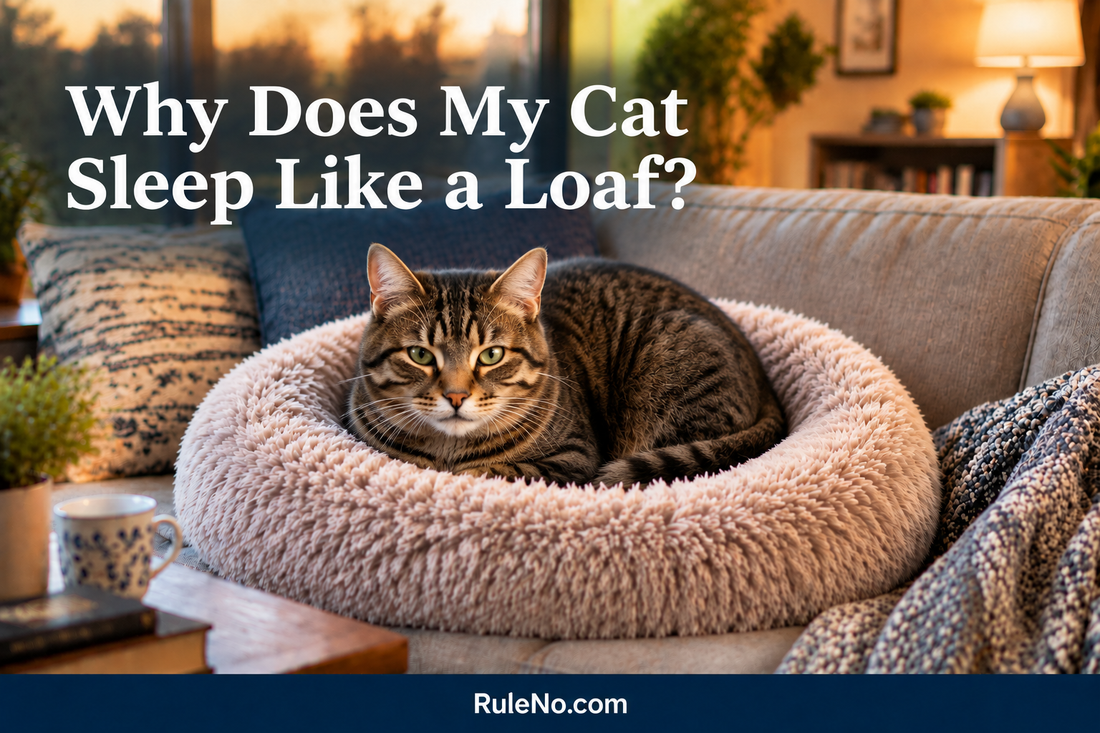 Relaxed tabby in a round faux fur bed with front paws tucked under its chest, with the title Why Does My Cat Sleep Like a Loaf? and RuleNo.com footer