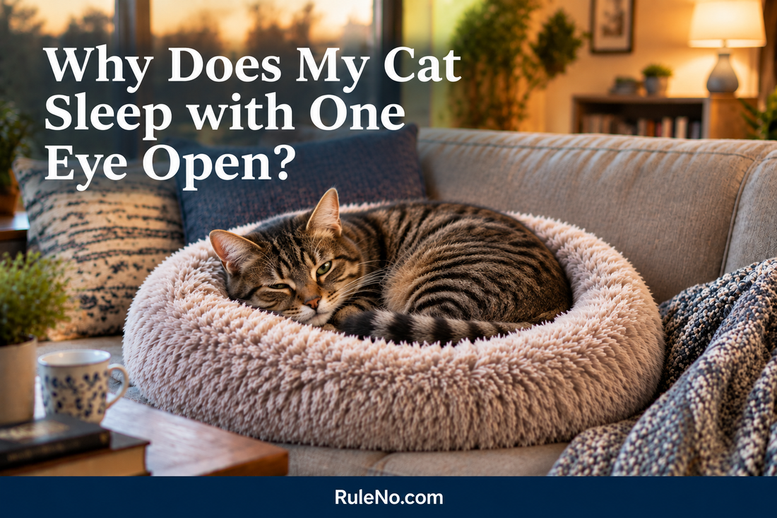 Relaxed tabby cat dozing in a round faux fur bed with one eye softly open, with the title Why Does My Cat Sleep with One Eye Open? and RuleNo.com footer
