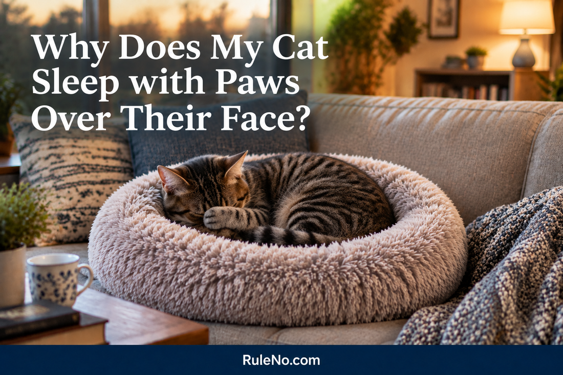 Cat curled in a round faux fur bed with one paw covering its nose, with the title Why Does My Cat Sleep with Paws Over Their Face? and RuleNo.com footer