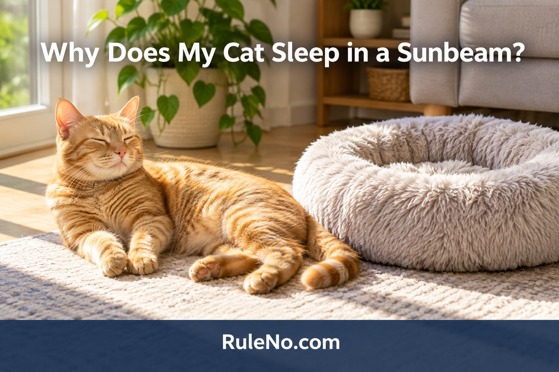 Ginger tabby resting beside a round faux-fur bed under the title Why Does My Cat Sleep in a Sunbeam? with a RuleNo.com banner