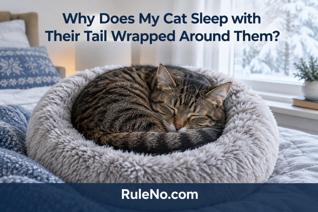Tabby cat sleeping curled in a round faux-fur bed with its tail wrapped around its body beneath the article title, with RuleNo.com branding