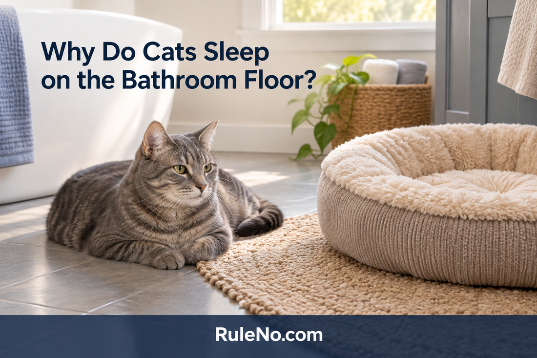 Cat resting on a bathroom floor beside a soft warm round pet bed
