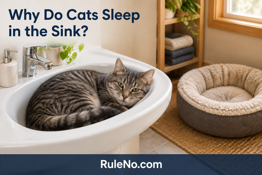 Cat resting in a bathroom sink beside a dry warm round pet bed