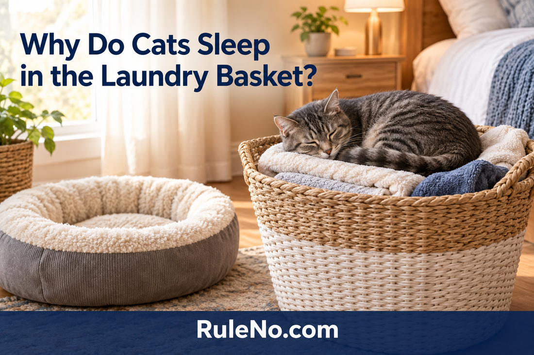 Cat resting in a laundry basket beside a warm round pet bed