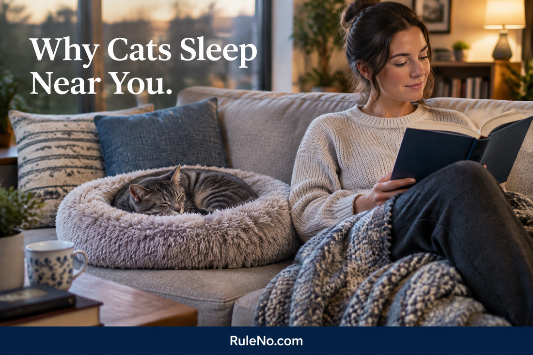 Cat curled in a round faux fur bed beside its person reading, with the headline Why Cats Sleep Near You