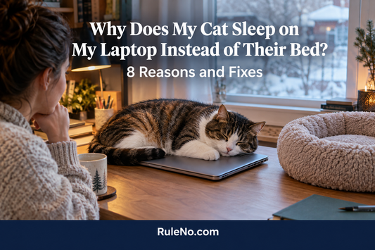 Cat lying across a closed laptop beside an unused plush round cat bed