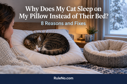 Cat curled on a person’s pillow beside an unused plush round pet bed