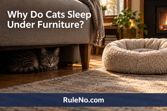 Cat resting under a sofa beside a warm round pet bed with a safer open retreat