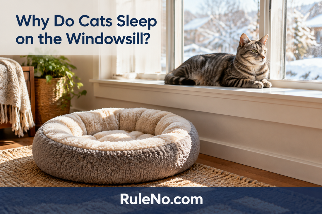 Cat resting on a sunny windowsill beside a warm round pet bed