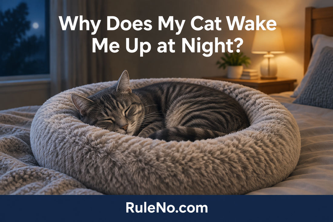 Gray tabby asleep in a round faux-fur bed beneath the title Why Does My Cat Wake Me Up at Night? with RuleNo.com branding