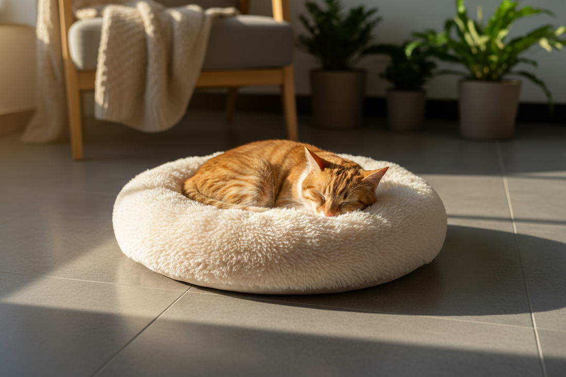 A fluffy tabby cat curled up asleep on a plush round donut pet bed placed on a cool gray tile floor