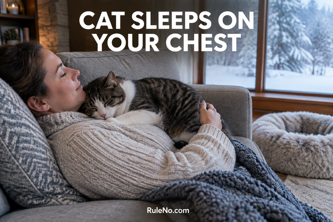 Cat sleeping on a person's chest in a winter living room with a round faux fur bed nearby