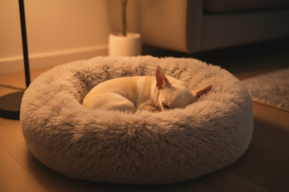 Small dog curled up warmly in a round faux fur pet bed during winter