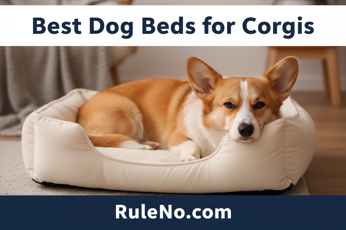 Pembroke Welsh corgi lying comfortably in a soft warm plush rectangular pet bed, with the title Best Dog Beds for Corgis at the top and RuleNo.com at the bottom
