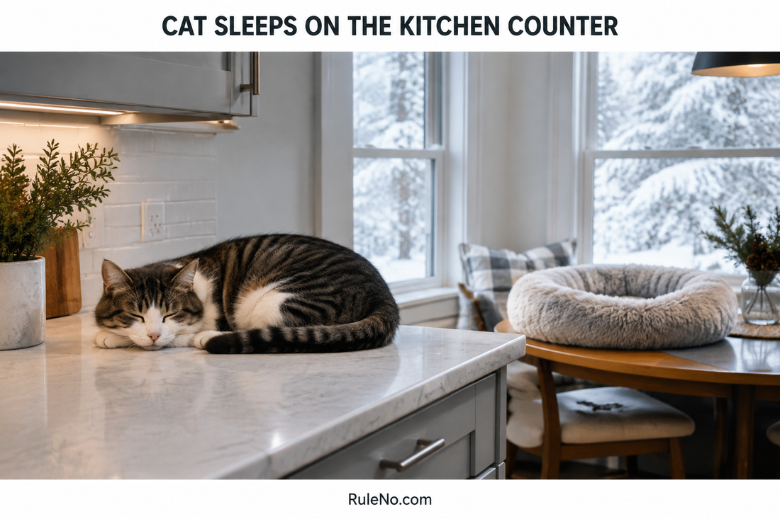 Cat asleep on a kitchen counter with separate round faux fur bed nearby and RuleNo.com branding