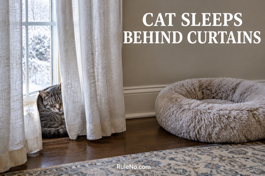 Cat resting behind winter curtains beside a separate round faux fur pet bed