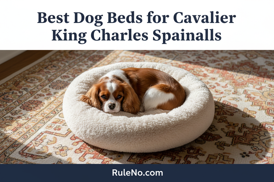 A blenheim Cavalier King Charles Spaniel curled in a plush cream round donut dog bed, with the title Best Dog Beds for Cavalier King Charles Spaniels at the top and RuleNo.com at the bottom
